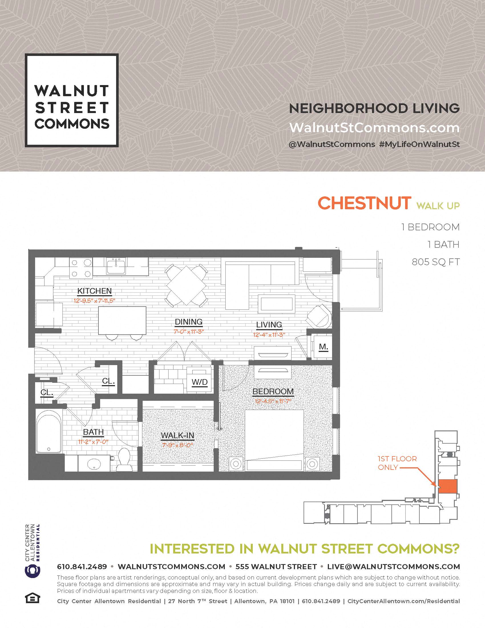 Floor plan for 1 bed, 1 bath, 805 sqft
